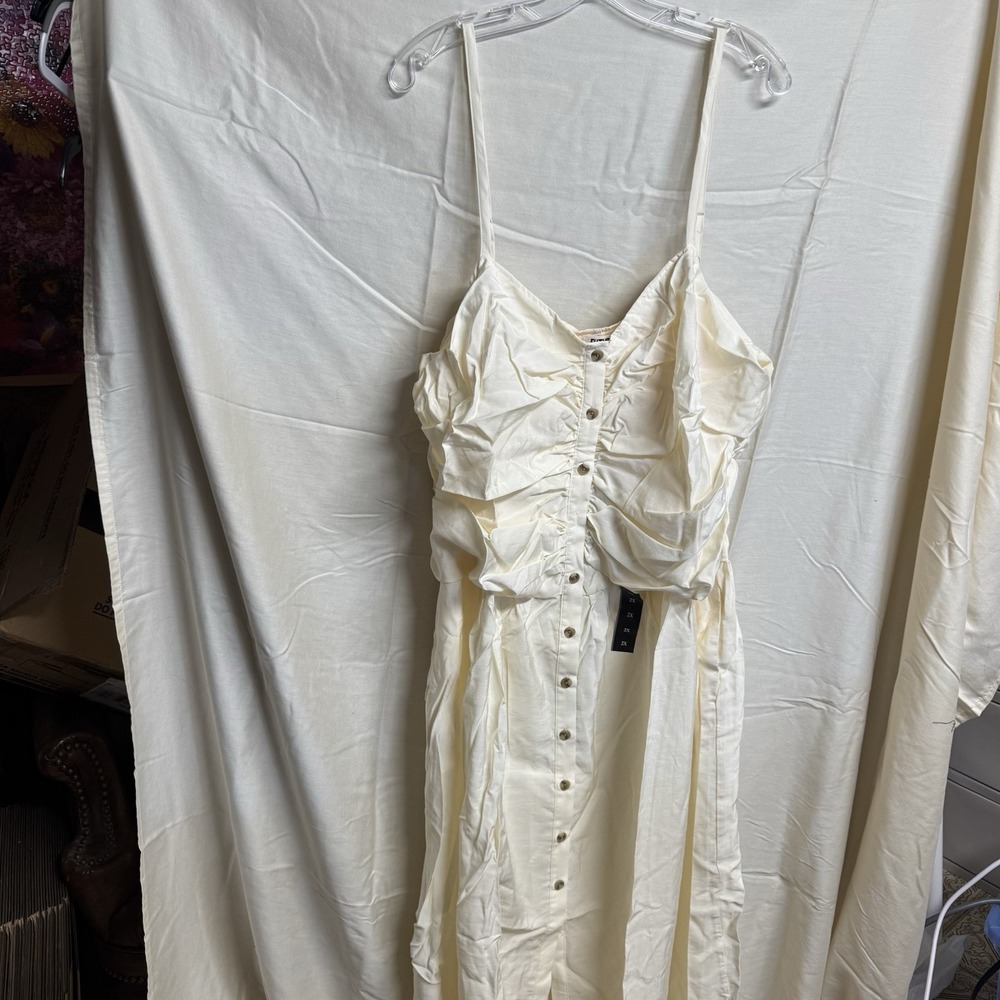 Future Collective Cream Sleeveless Button-Front Ruched Midi Dress